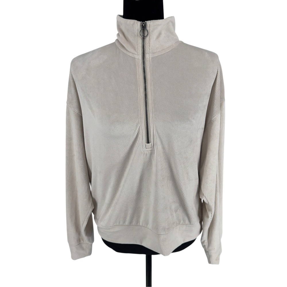 Vuori Womens Medium Velvet Ribbed 1/4 Zip Pullover Sweatshirt Cream Off White
